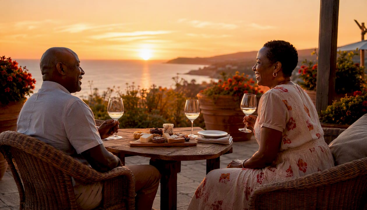 Couple enjoying wine with ocean view