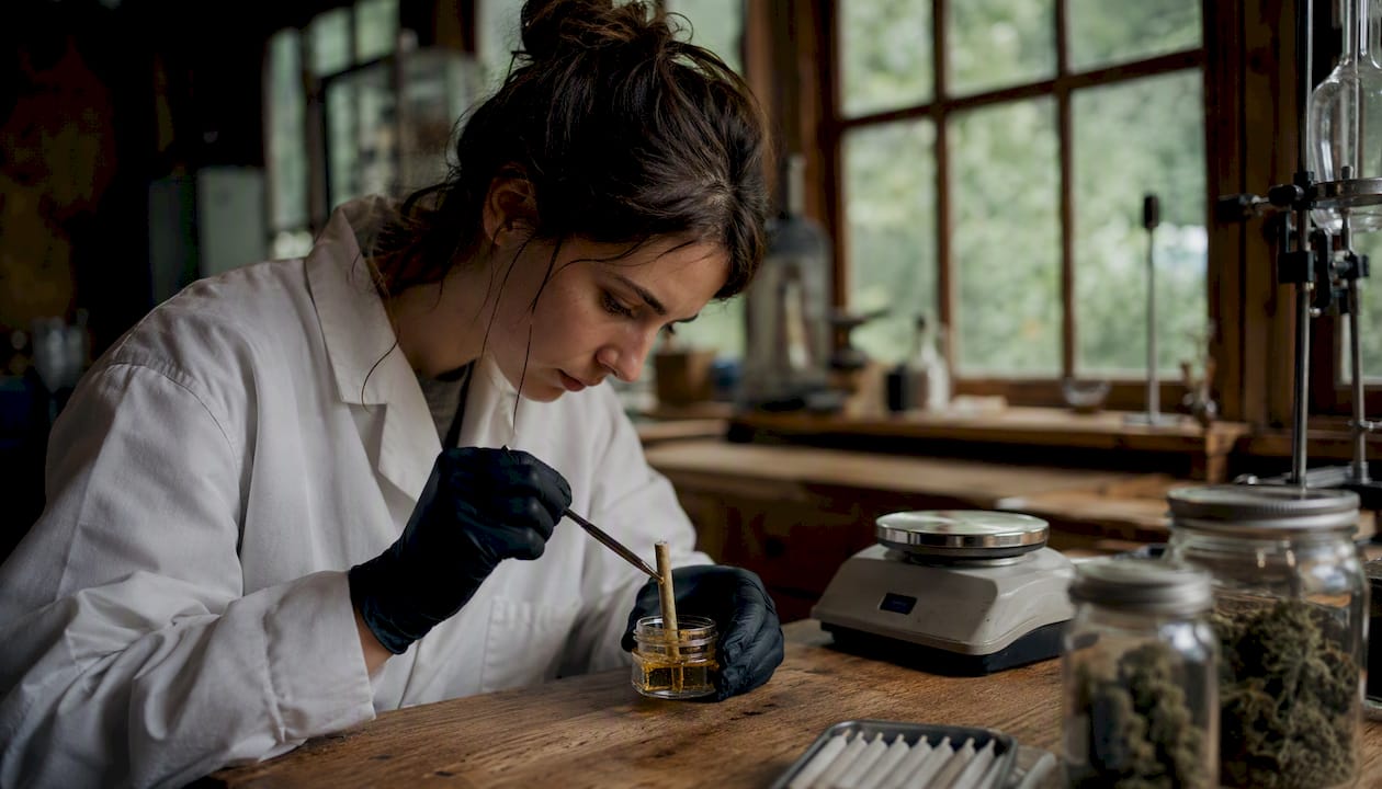 Technician coating cannabis pre-roll with concentrate