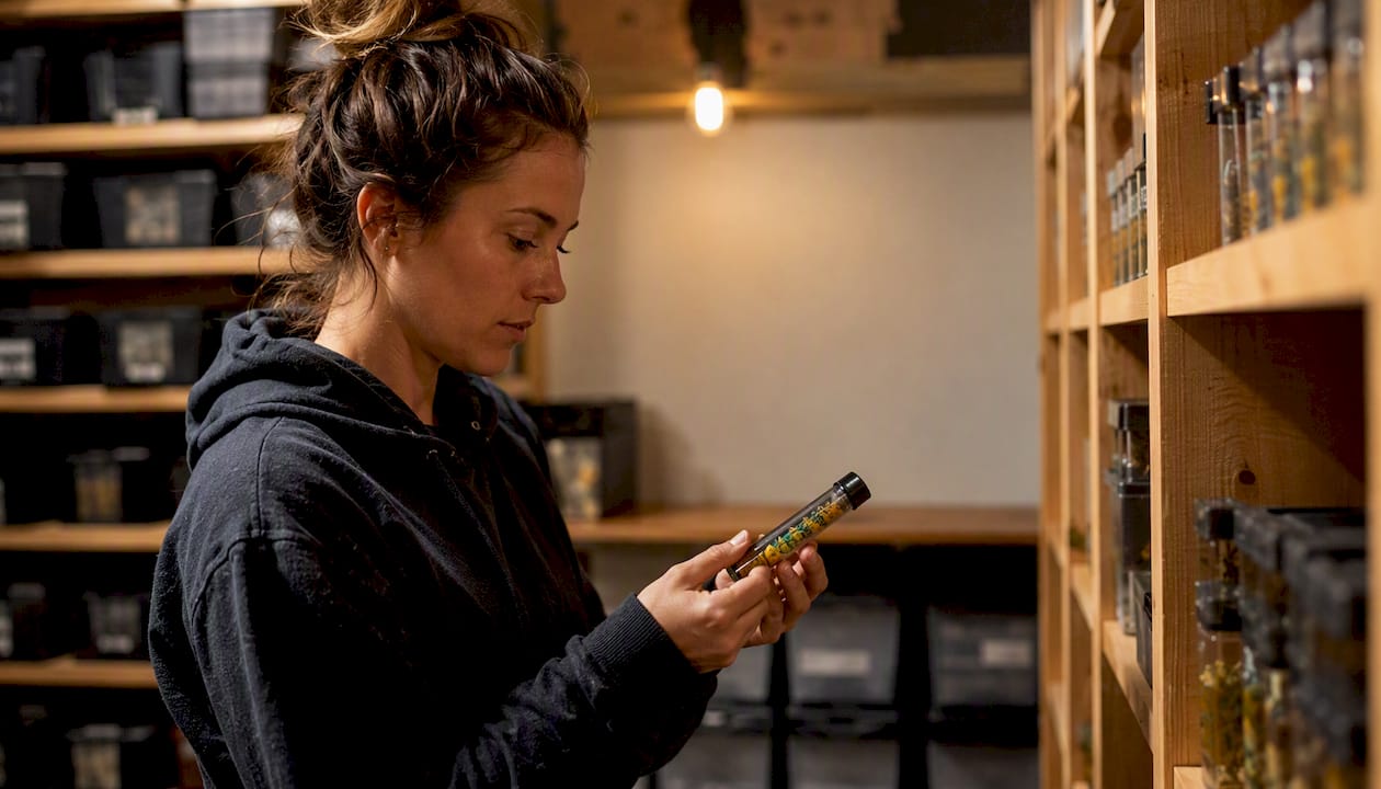 Female employee checking infused pre-roll packaging