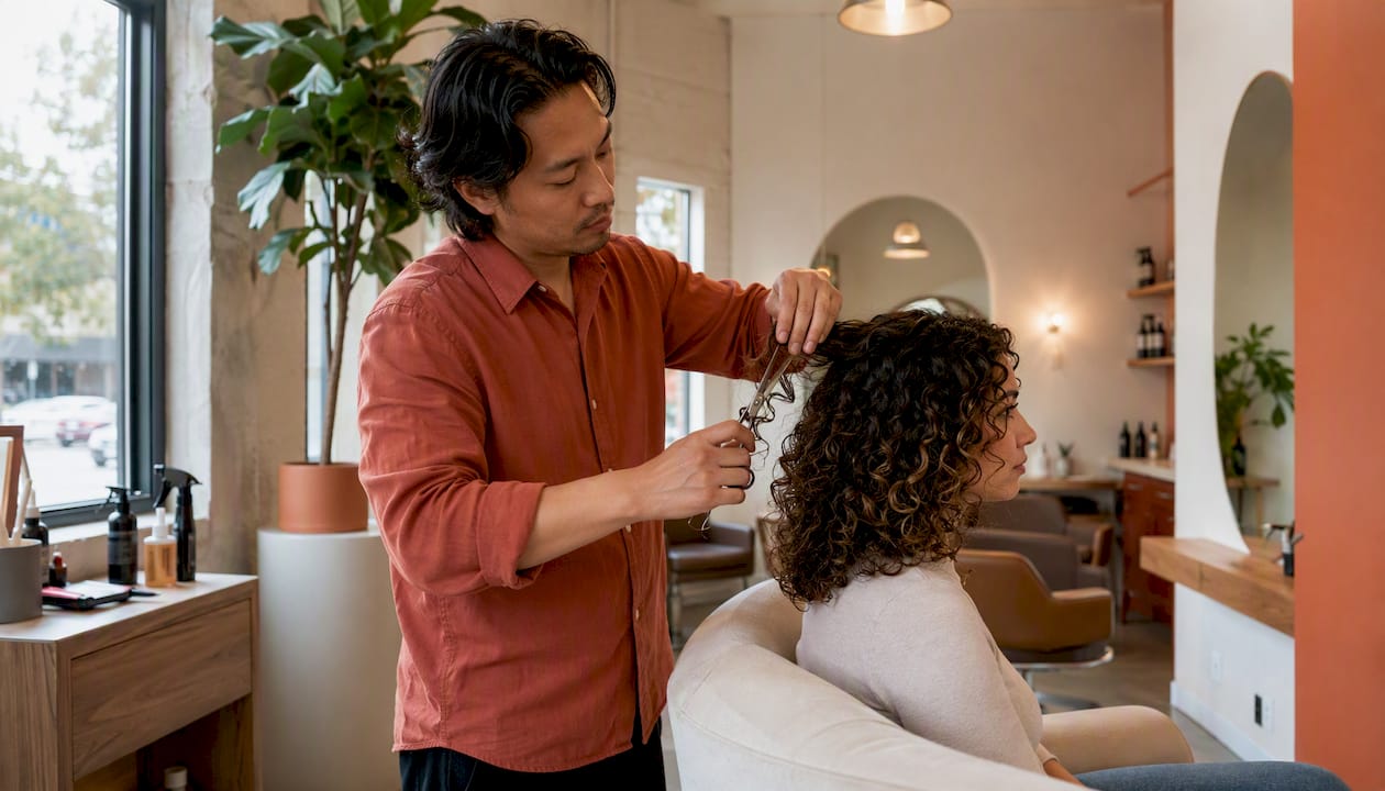Stylist cutting dry curly hair carefully
