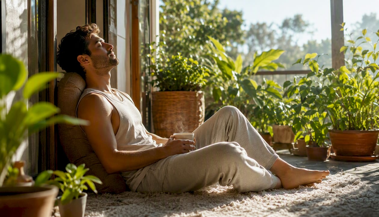 Man practicing calming routine in living room