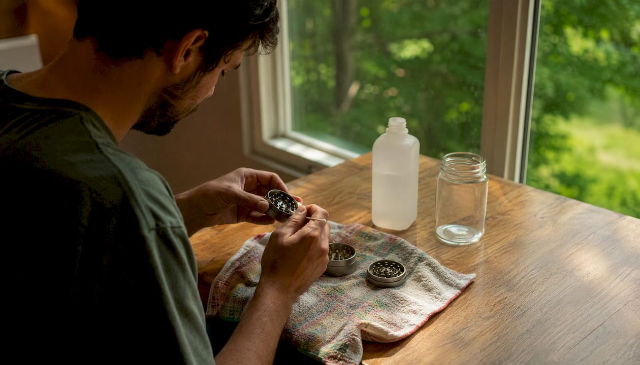 Person cleaning grinder with isopropyl alcohol