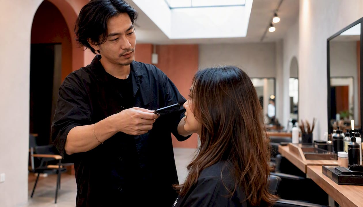Hairdresser consulting client in salon