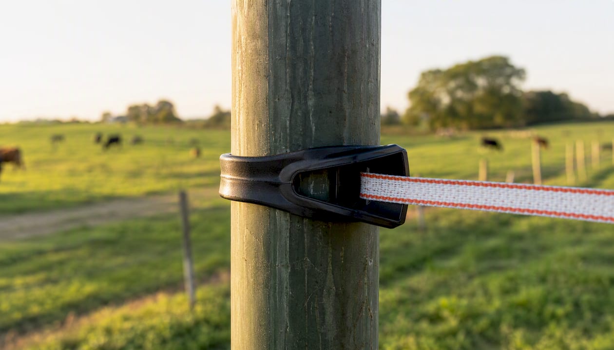 Wrap-around insulator clipped on round fiberglass post