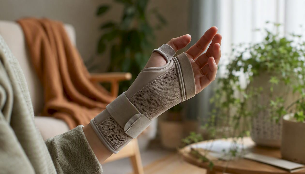 Wrist brace supporting wrist and hand