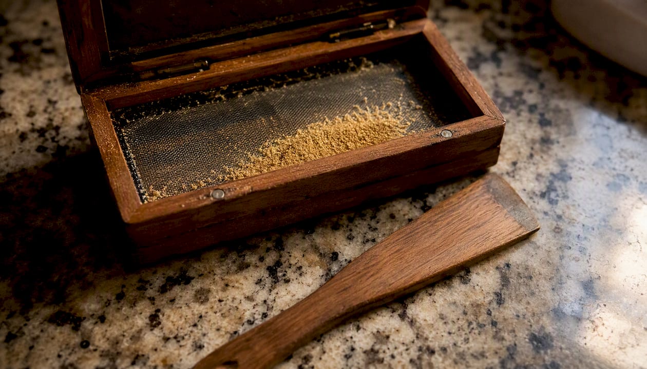 Kief box with collected pollen and scraper