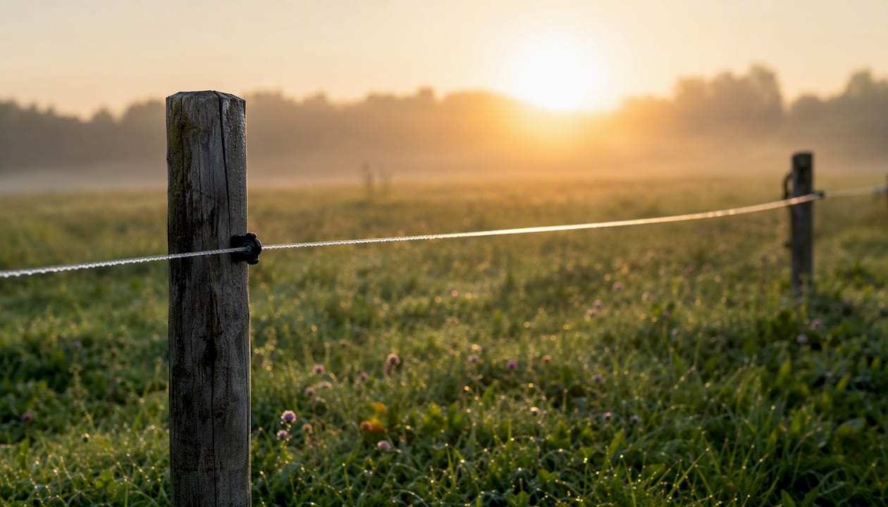 Polywire fencing line in pasture