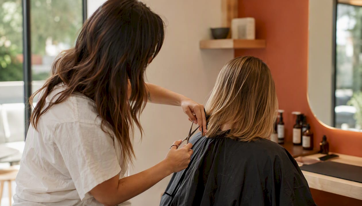 Hairstylist cutting client's hair in luxury salon
