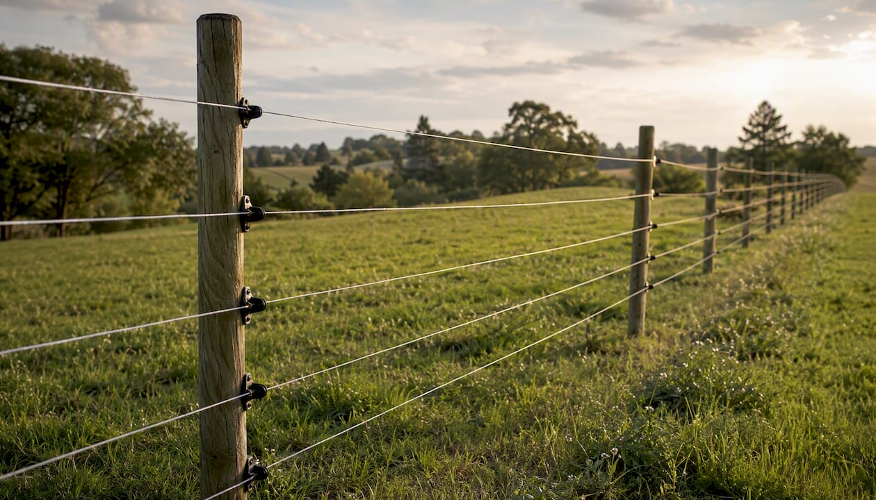 Polywire electric fence strands in cattle pasture