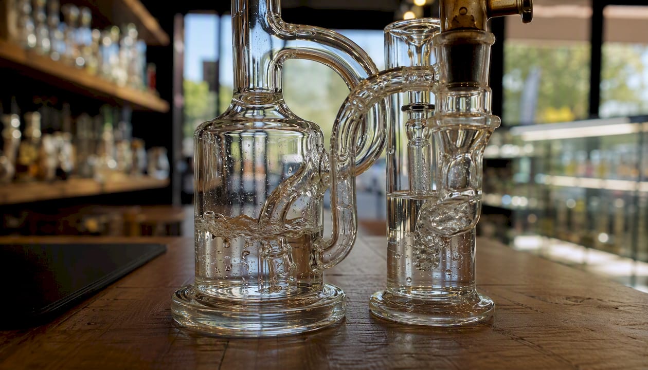 Classic recycler rig with visible external water tubes