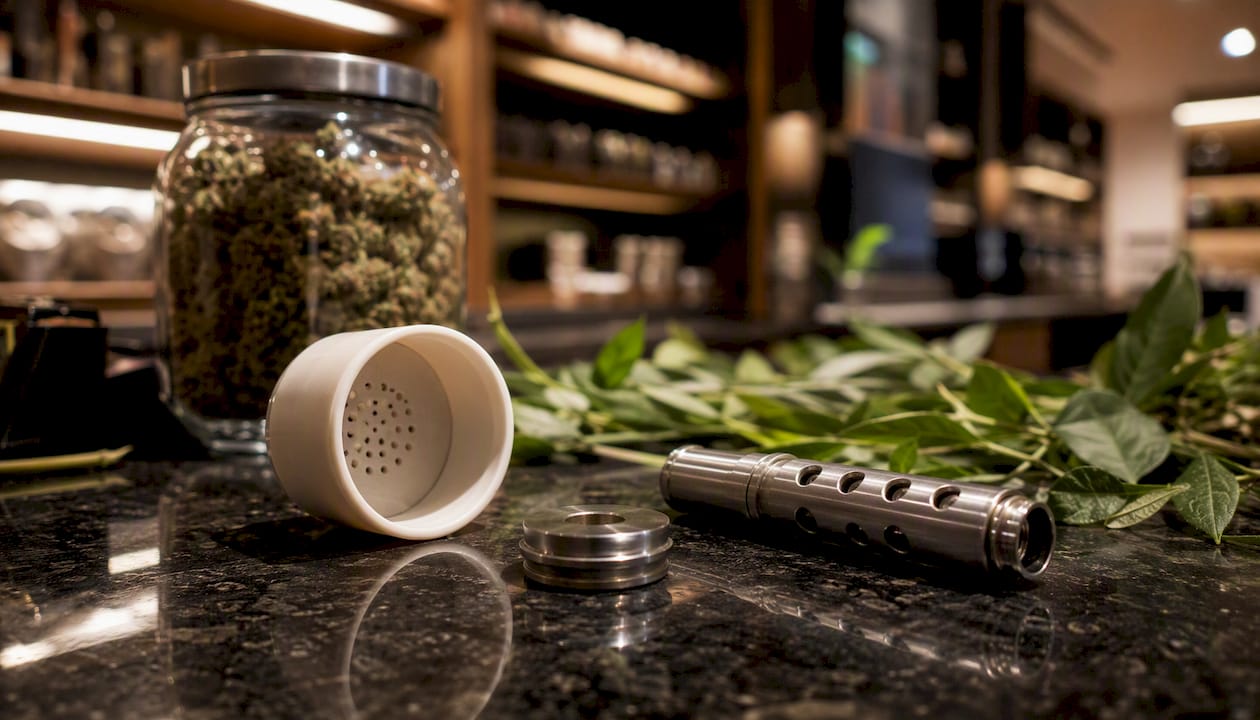 Close-up of vaporizer airflow components on wood
