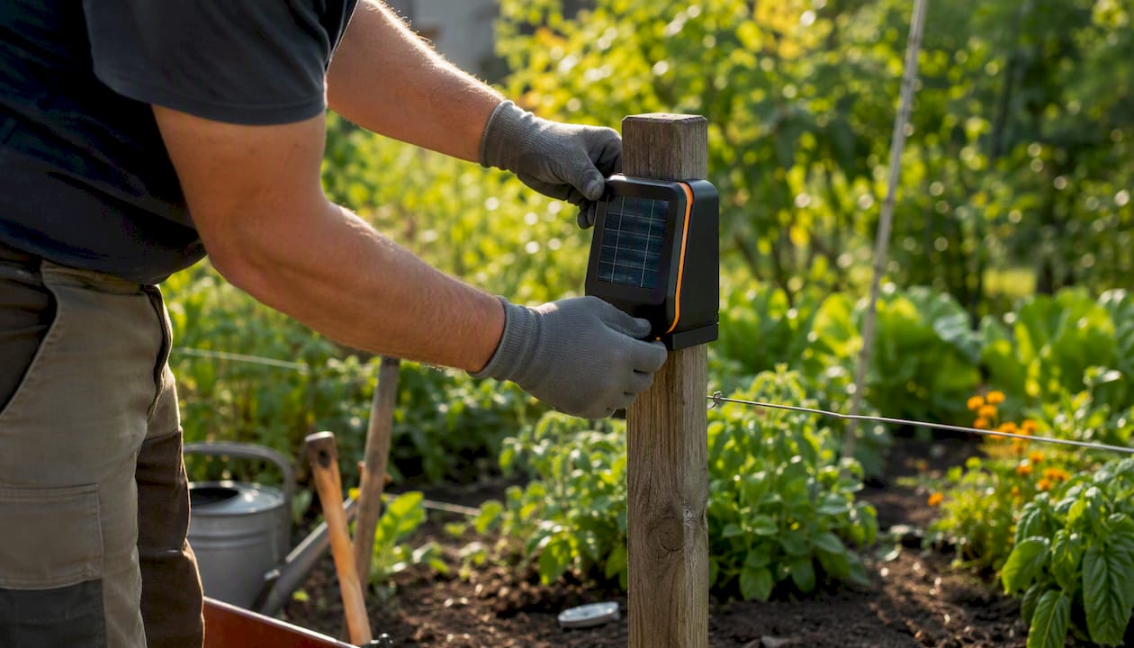 Hands installing portable solar electric fence kit