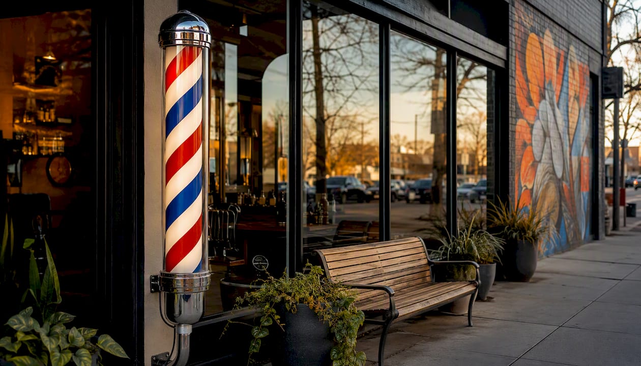Exterior of Fort Collins barber shop with spinning pole