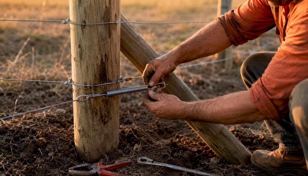 Hands installing tension spring on electric fence