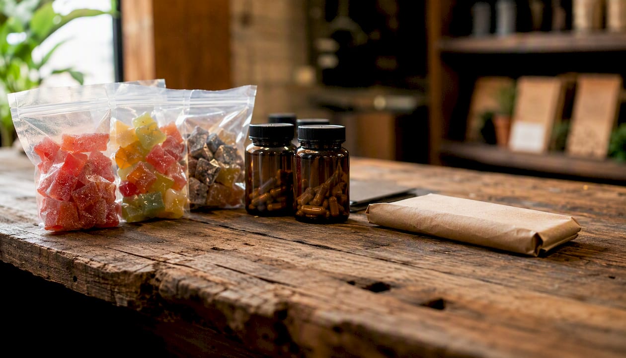 Display of mushroom gummies, capsules, and chocolate bars