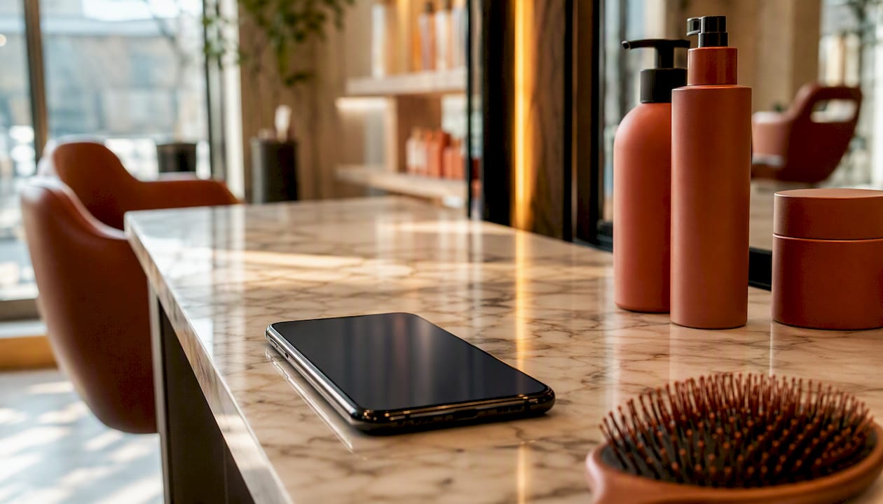 Smartphone on salon counter with hair products