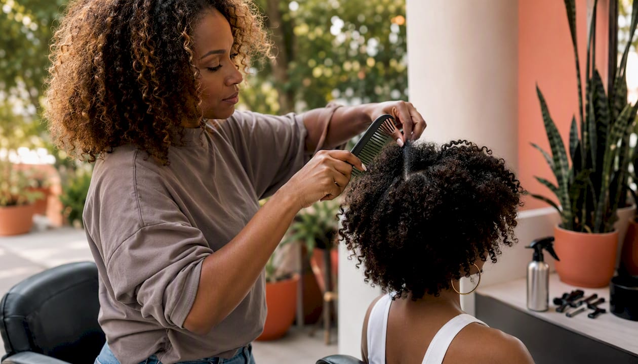 Stylist sectioning natural curly hair in salon