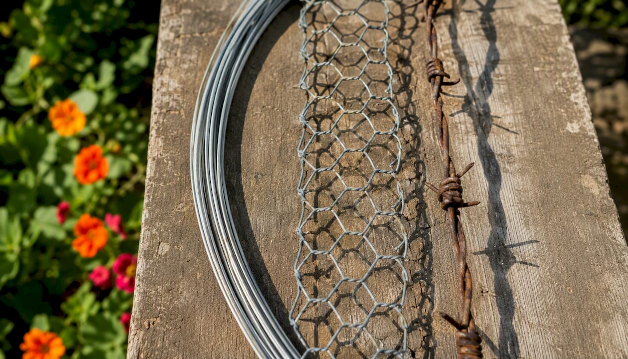 Close-up of three farm fence wire types