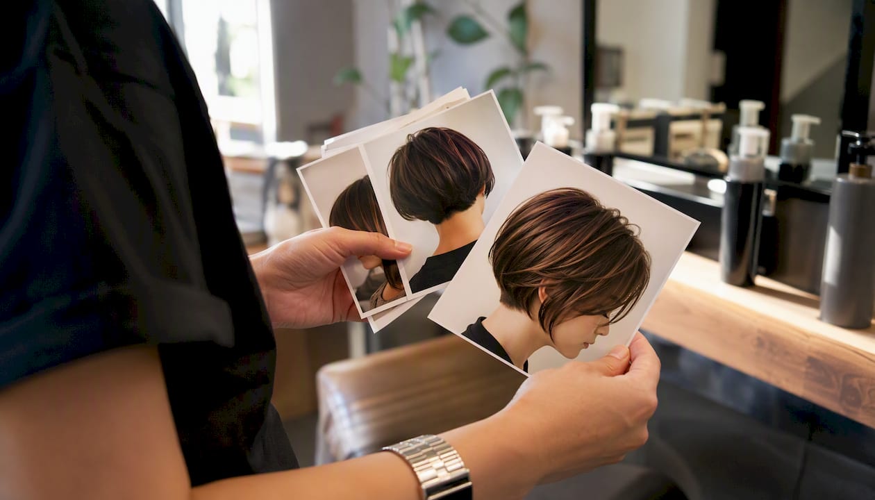 Stylist holding photos of women's haircuts