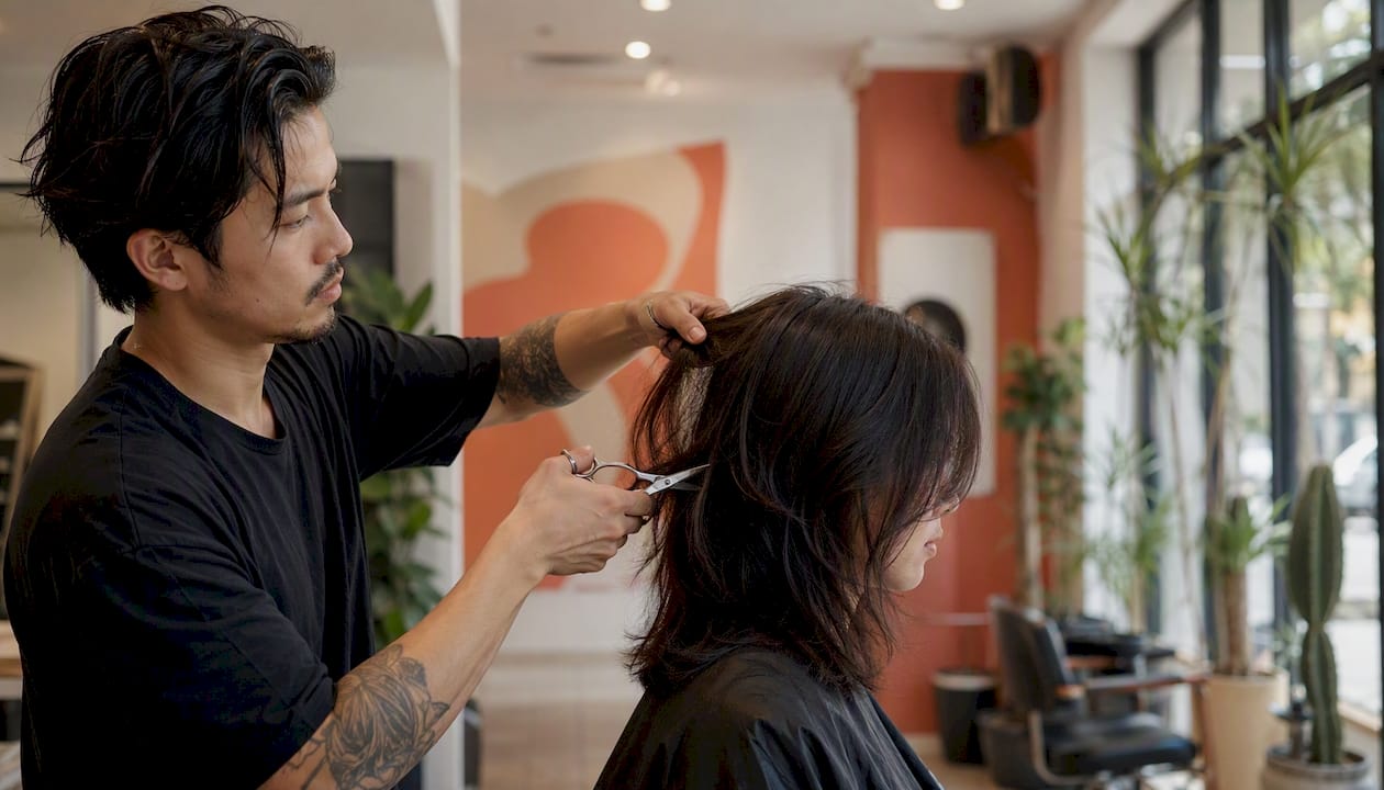 Stylist trimming woman's haircut in modern salon