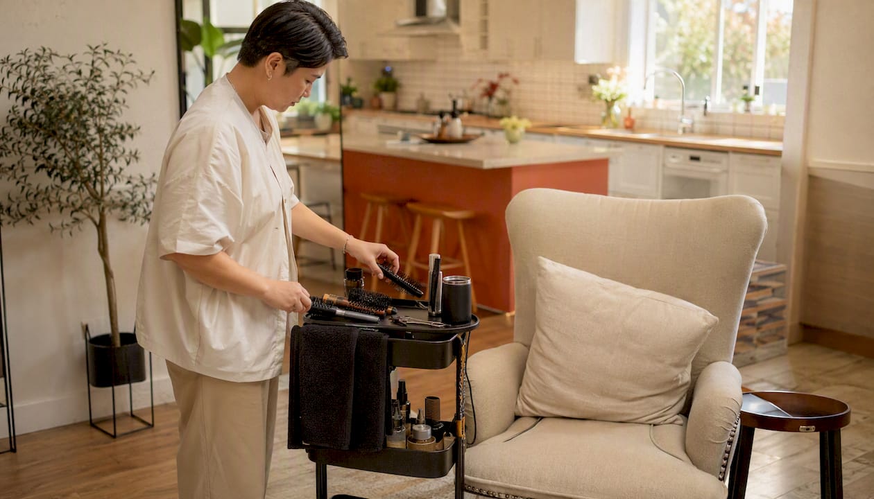 Mobile hair stylist preparing tools at home