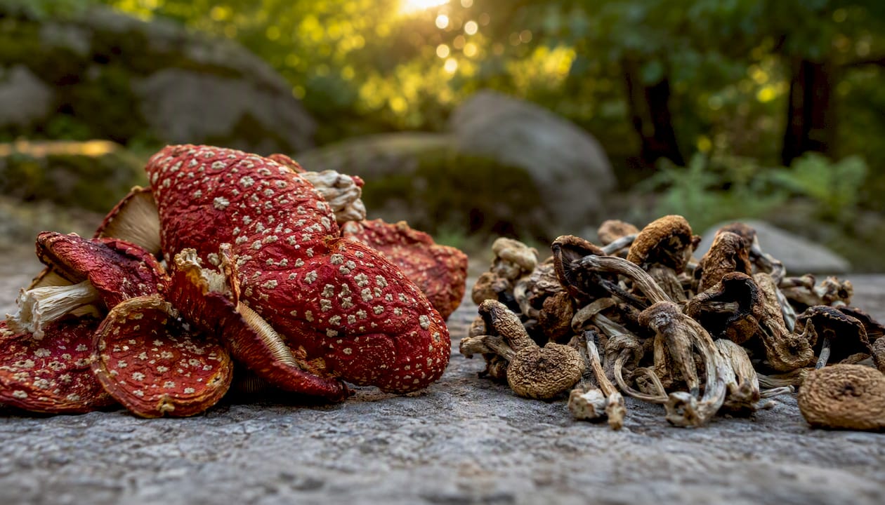 Side-by-side dried Amanita muscaria and psilocybin mushrooms