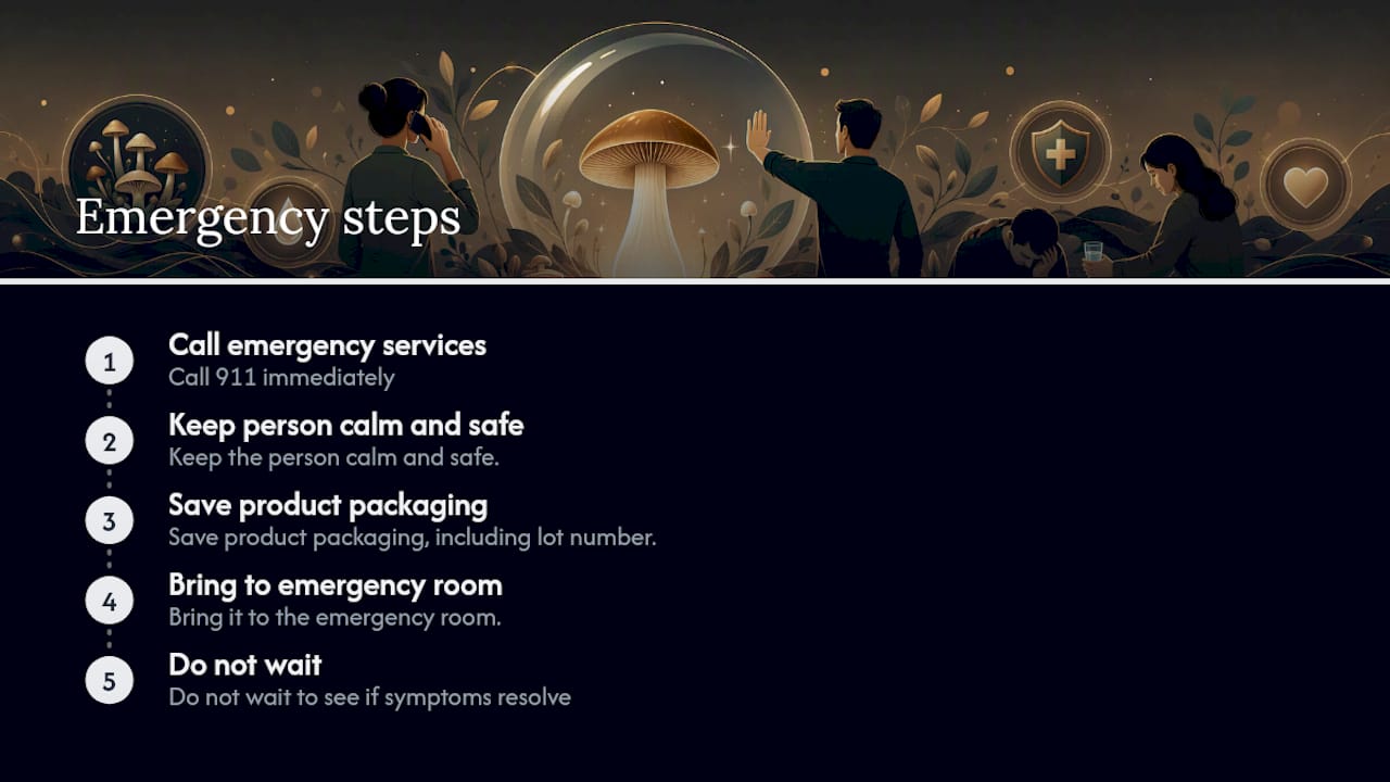 Usage precautions, microdosing notes, and what to do in an emergency — overview diagram