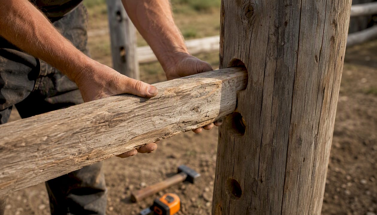 Hands fitting split rail into wooden post
