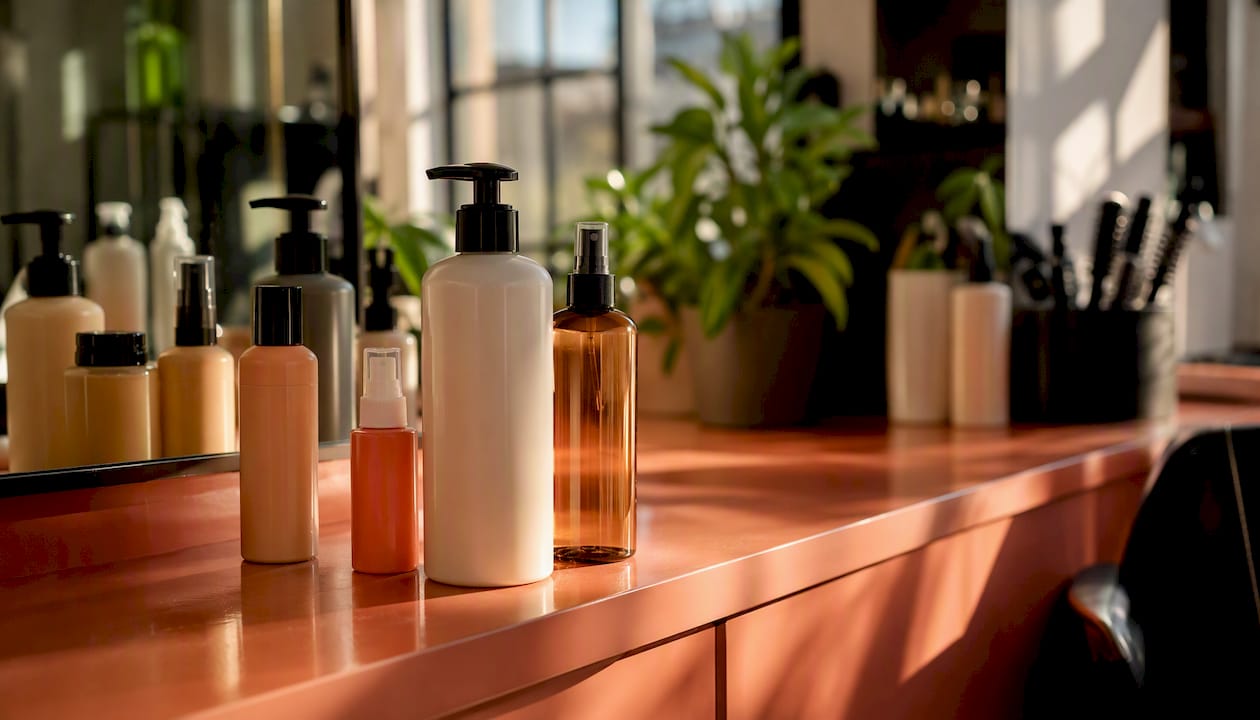 Color-safe hair care products on salon counter