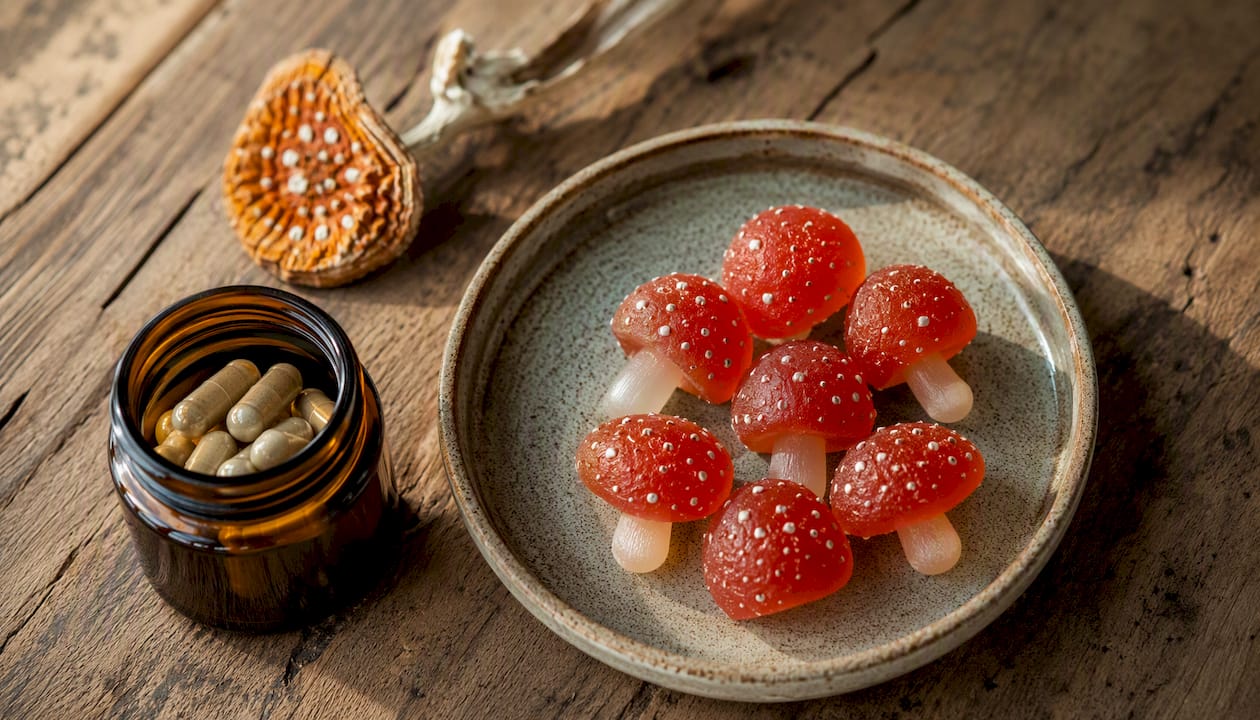 Amanita gummies and capsules on table