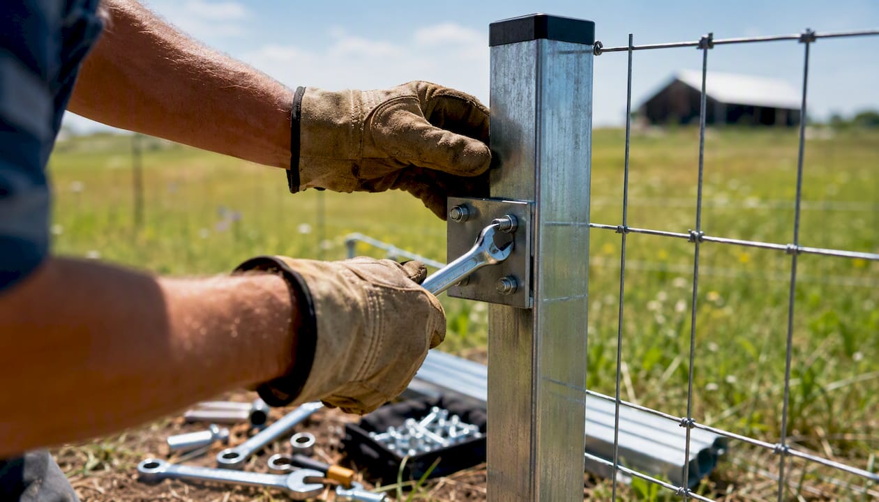 Hands installing bracket on square metal fence post