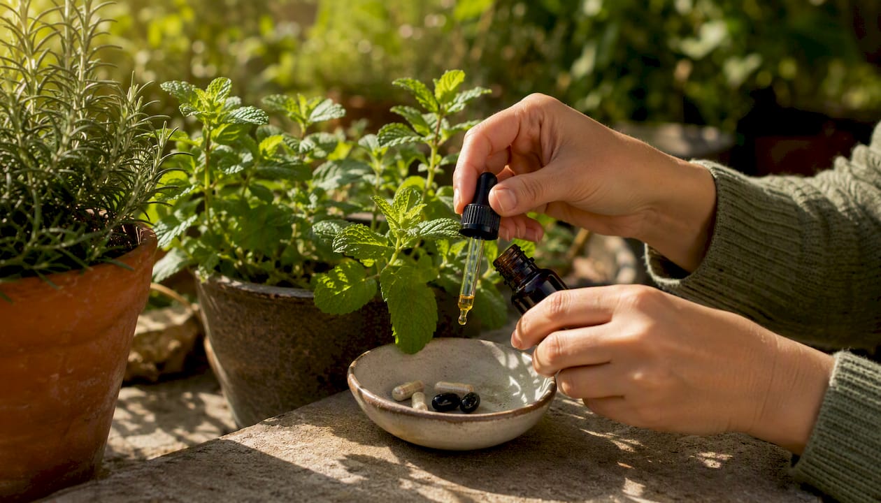 Hands measuring herbal supplements and tincture