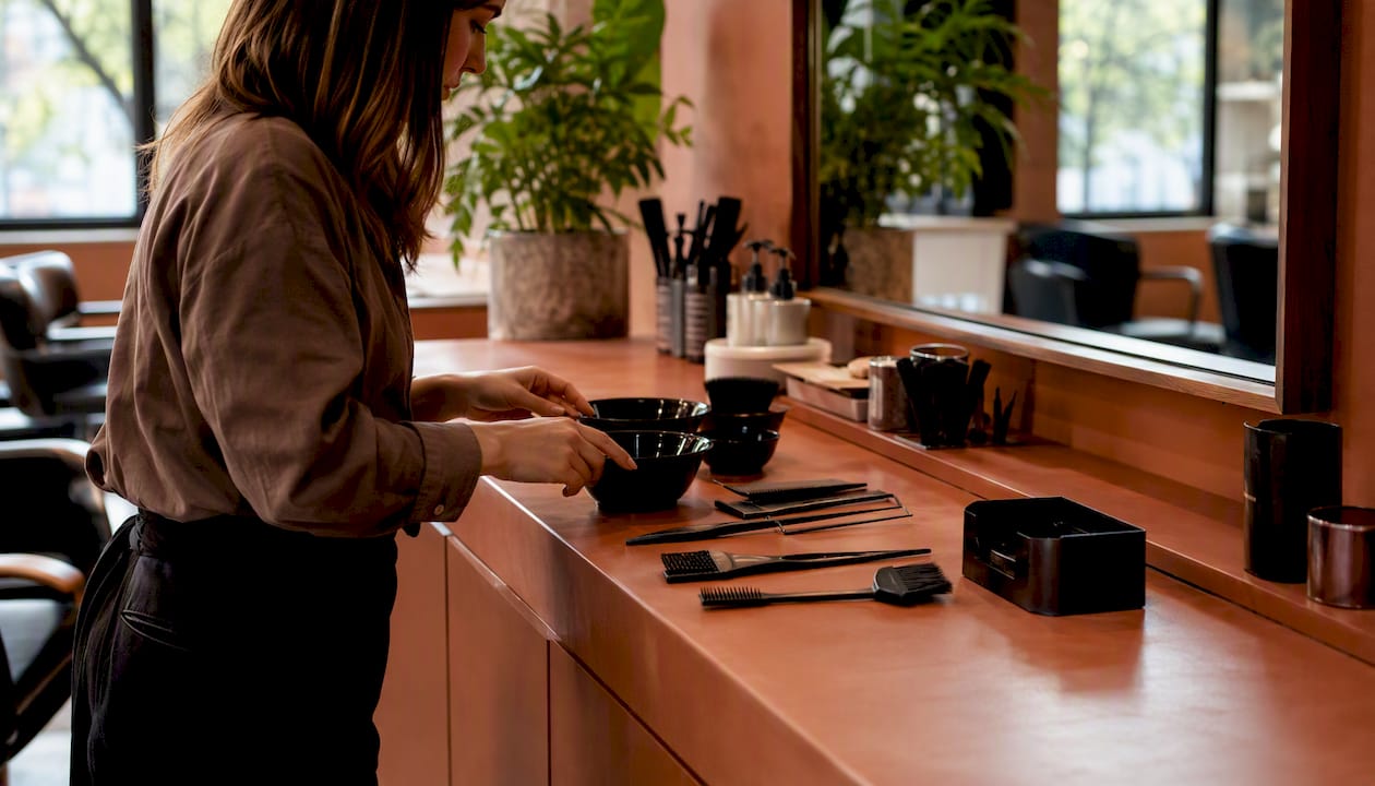 Sanitized hair color tools in luxury salon