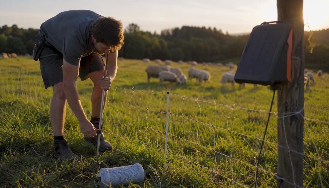 Hands installing electric netting fence for sheep