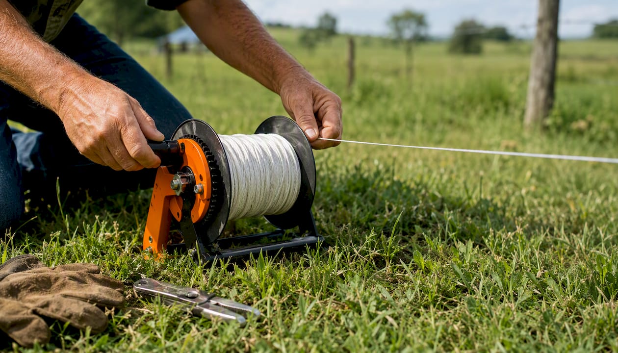 Hands winding polywire on a geared reel