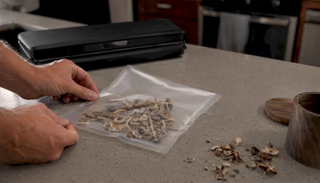 Hands vacuum sealing dried mushrooms