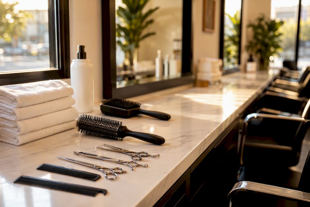 Sanitized hair salon workstation tools arranged