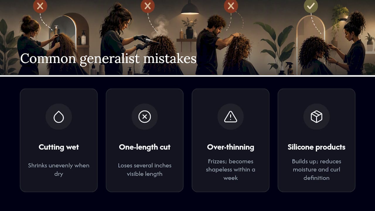 Diagram of common curly hair stylist mistakes