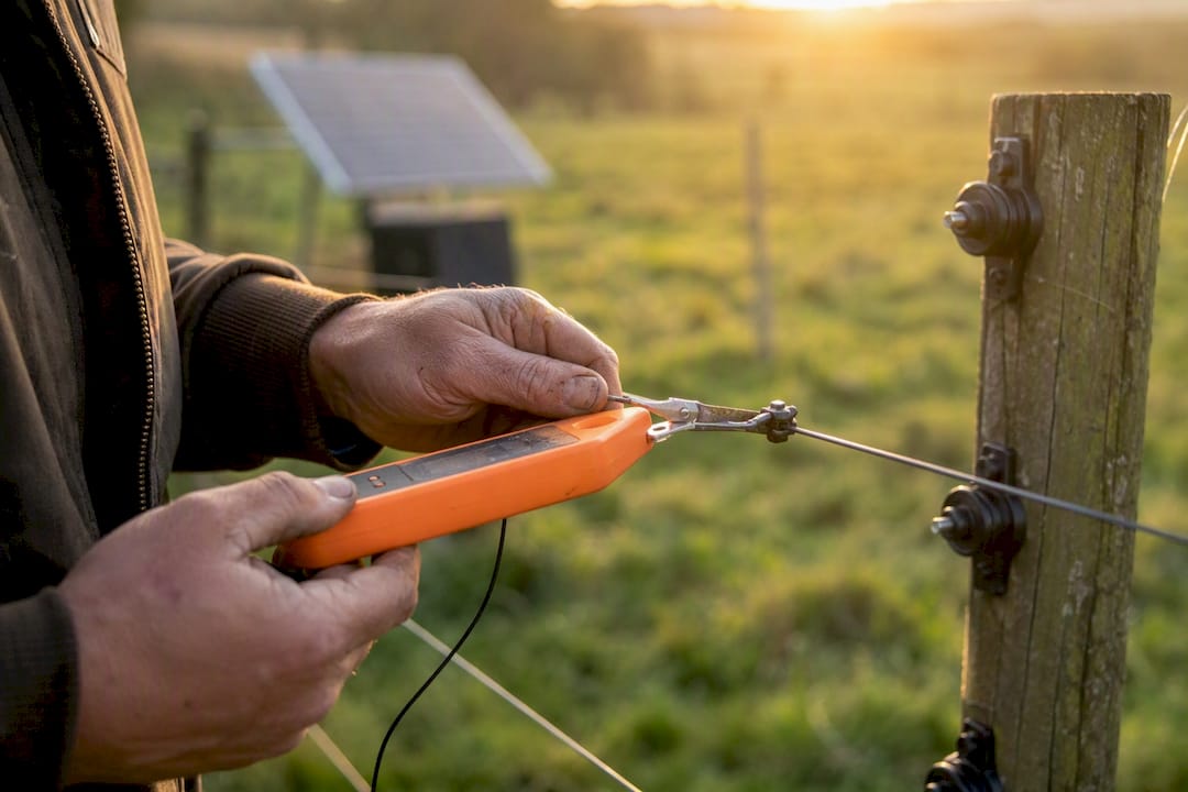 Hands testing solar electric fence wire voltage