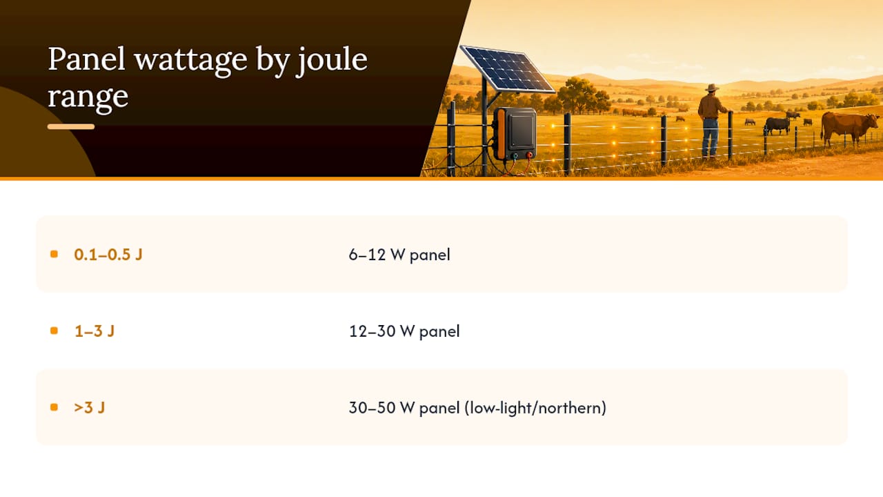 Diagram matching solar panel wattage to energizer joule range