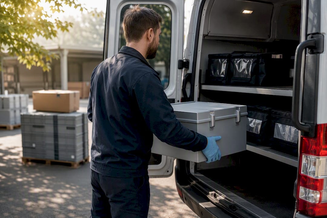 Hands placing medical delivery box in van