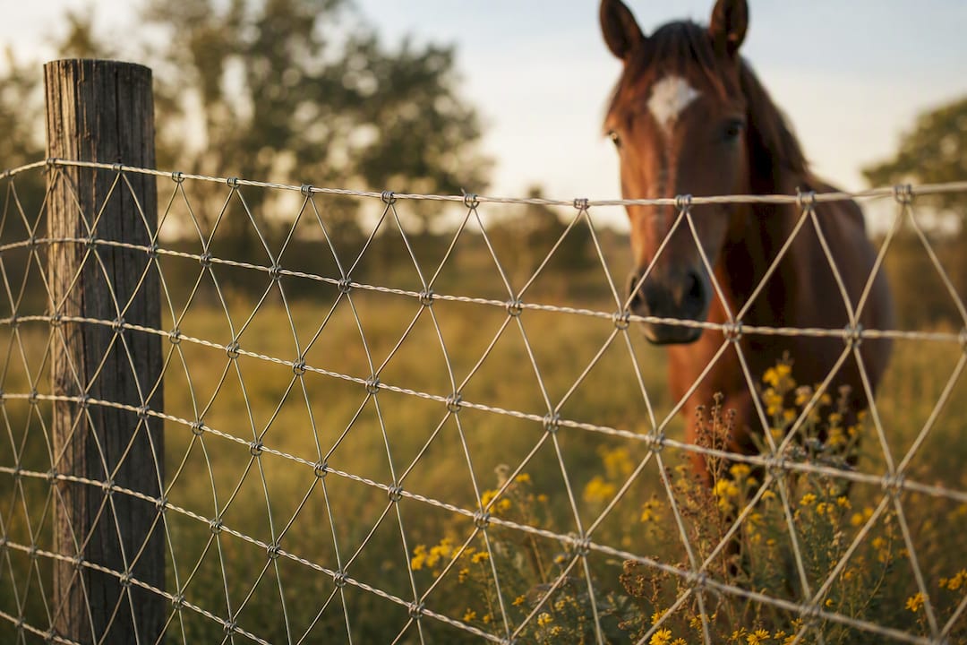 Close-up of V-mesh horse fencing with grazing horse