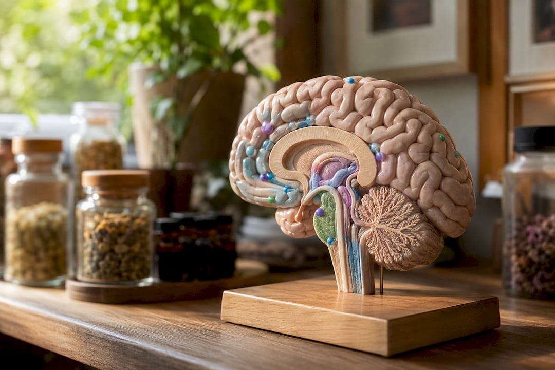 Model of brain highlighting serotonin receptors