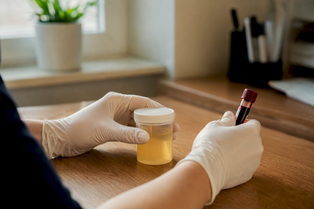 Gloved hands holding urine and blood sample containers