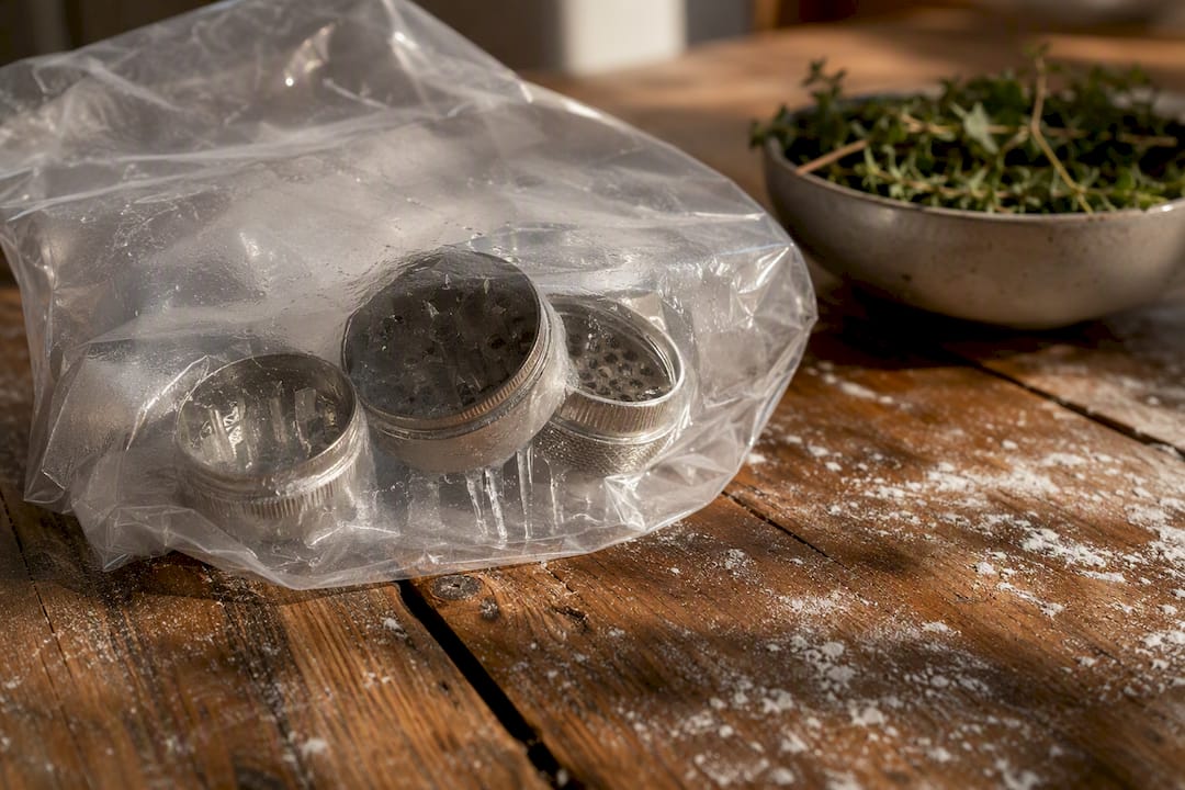 Frozen herb grinder in plastic bag for kief harvest