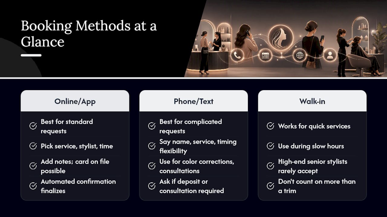 Diagram comparing online, phone, and walk-in booking methods