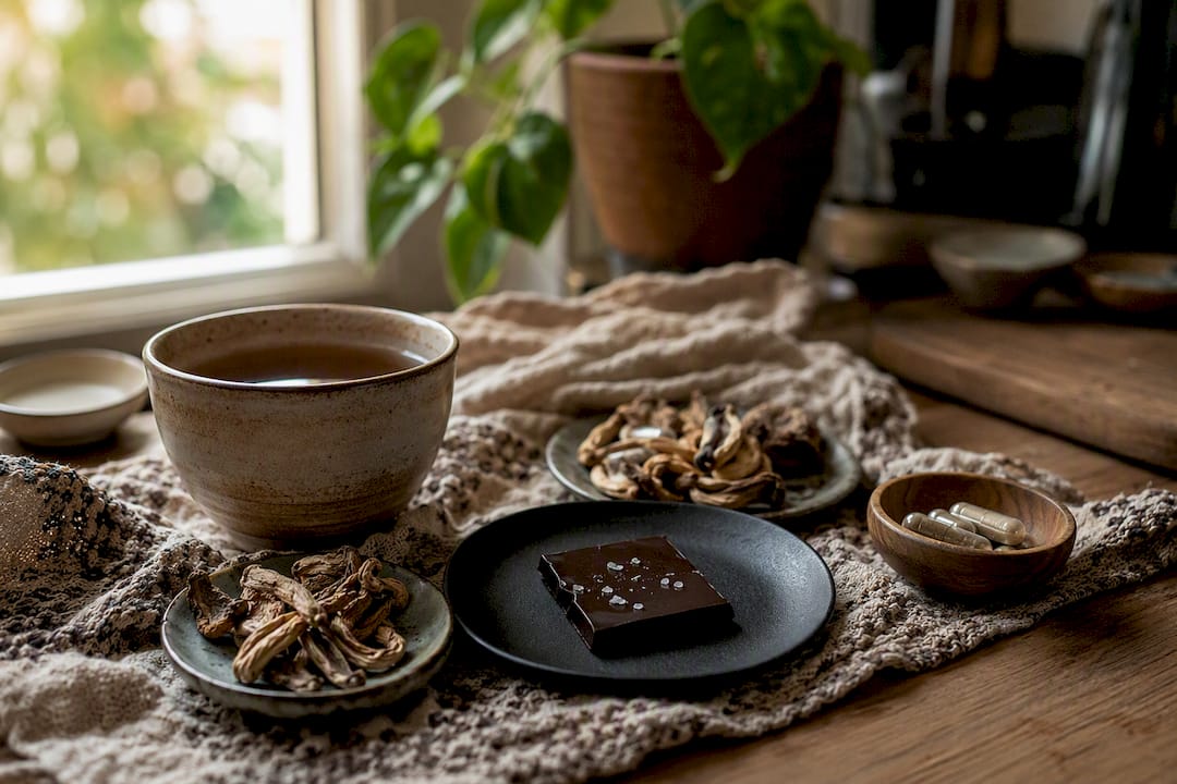 Various psilocybin mushroom product forms on table