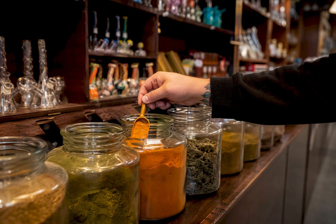 Smoke shop counter with herbal powders