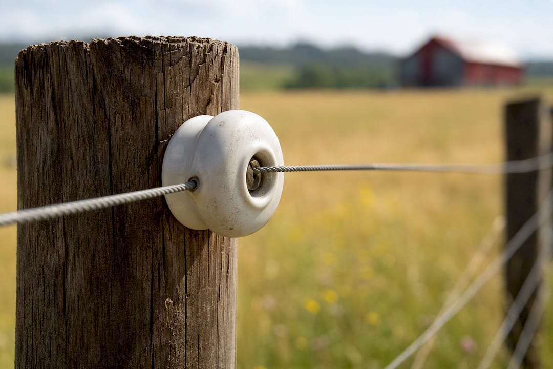 Close-up of porcelain insulator on fence post