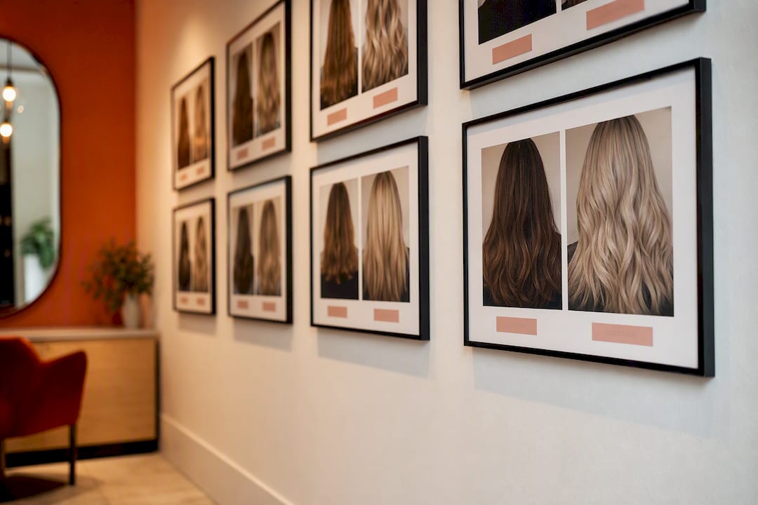 Hair color portfolio gallery with labeled photos